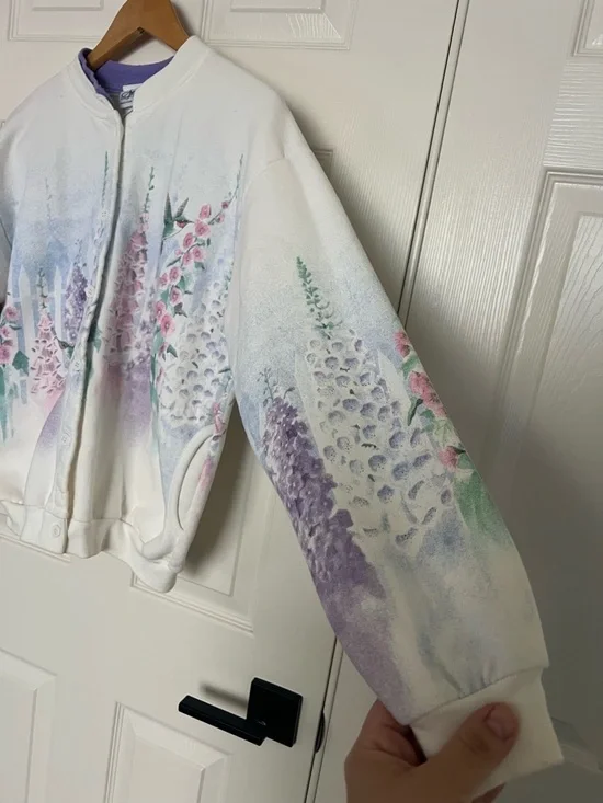 Vintage White Floral Hummingbird Button-Up Sweatshirt Sz M 80% Cotton - Picture 4 of 7